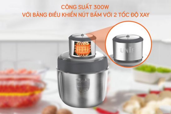 Máy xay thịt Unie UE-228 Máy đi kèm 3 cối xay được làm hoàn toàn từ inox 304 để xay được những thực phẩm khác nhau. 